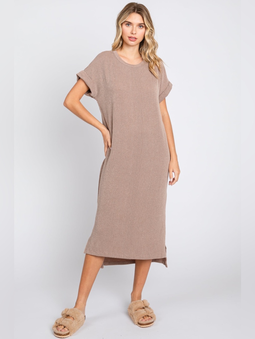 Entro Mocha Ribbed Short Sleeve Midi Dress XL